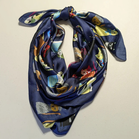 Whimsical assorted cats on blue background polyester scarf, head wrap - Picture 1 of 9
